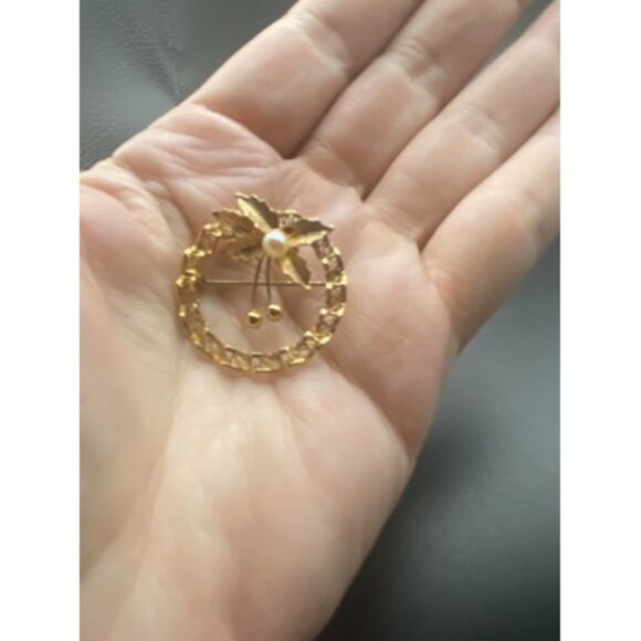 Classic Vintage  Brooch Pin 1/20 12K Gold Filled Round Faux Pearl 1.25"Retro - Picture 7 of 8